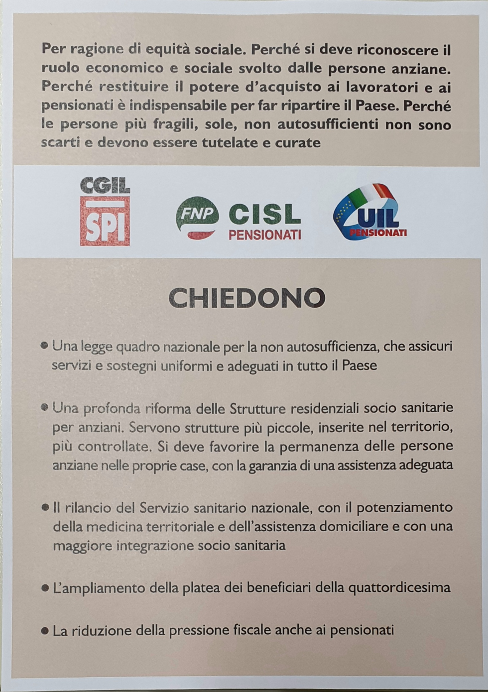 LE RICHIESTE DEI SINDACATI DEI PENSIONATI