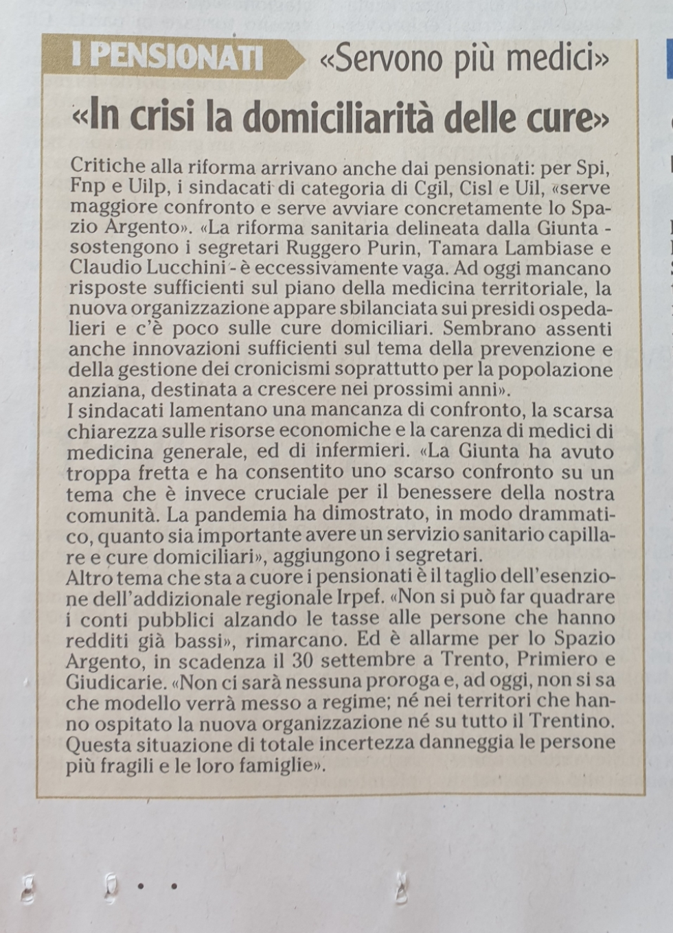 DAL QUOTIDIANO L'ADIGE COMUNICATO STAMPA FNP CISL- SPI E UILP 