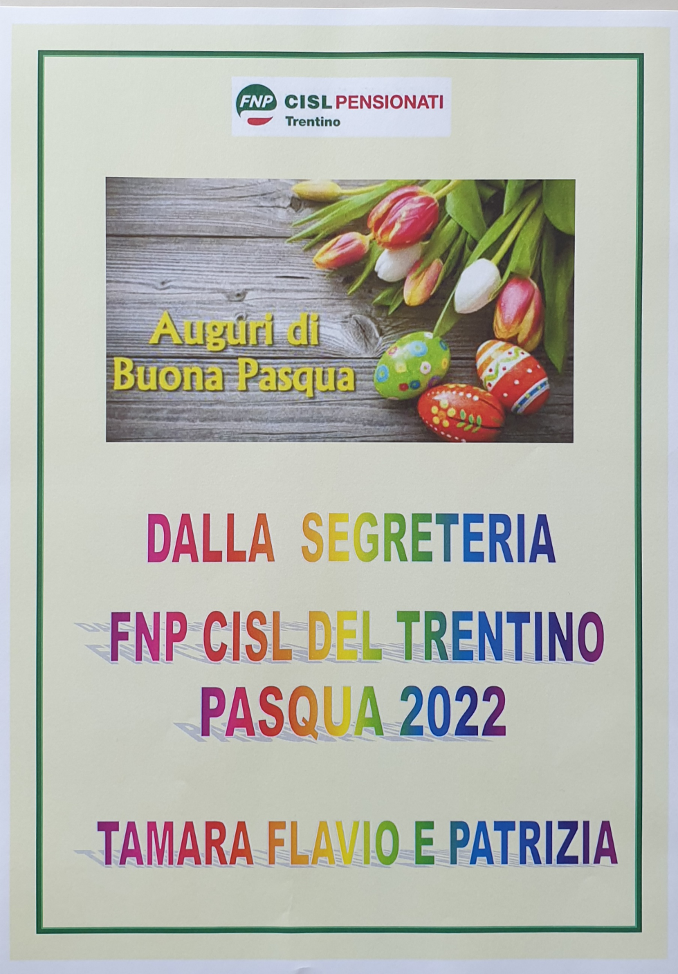 IL SINDACATO PENSIONATI FNP CISL AUGURA BUONA PASQUA  2022