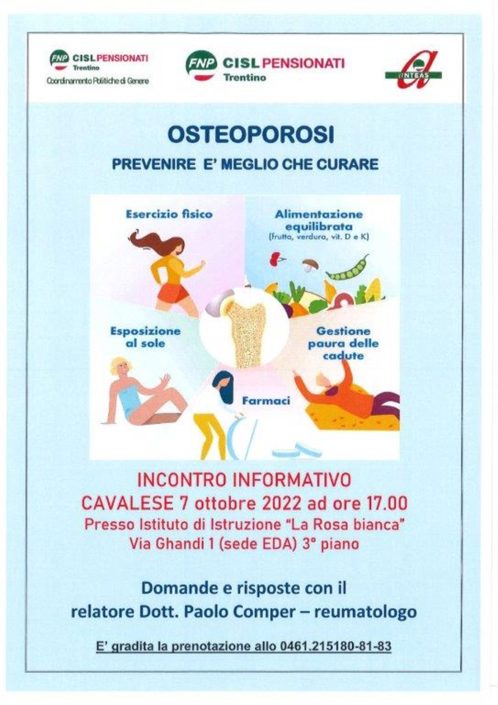 COS'E' L'OSTEOPOROSI? NE PARLIAMO A CAVALESE VENERDI' 7 OTTOBRE 2022 