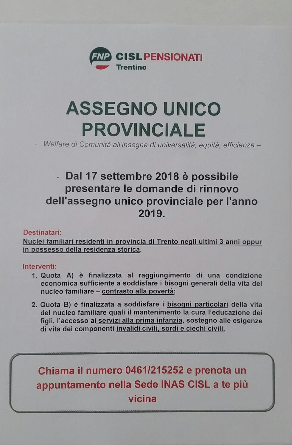 PATRONATO INAS CISL  ASSEGNO UNICO PROVINCIALE  PER IL 2019