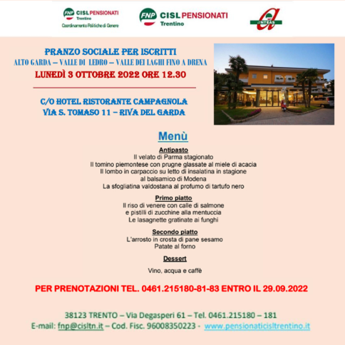 RITROVO LUNEDI' 3 OTTOBRE PER I PENSIONATI DELLA BUSA  VALLE DI LEDRO E VALLE DEI LAGHI